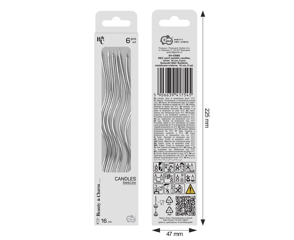 Świeczki B&C Świderki, metaliczne srebrne, 16 cm, 6 szt. KK